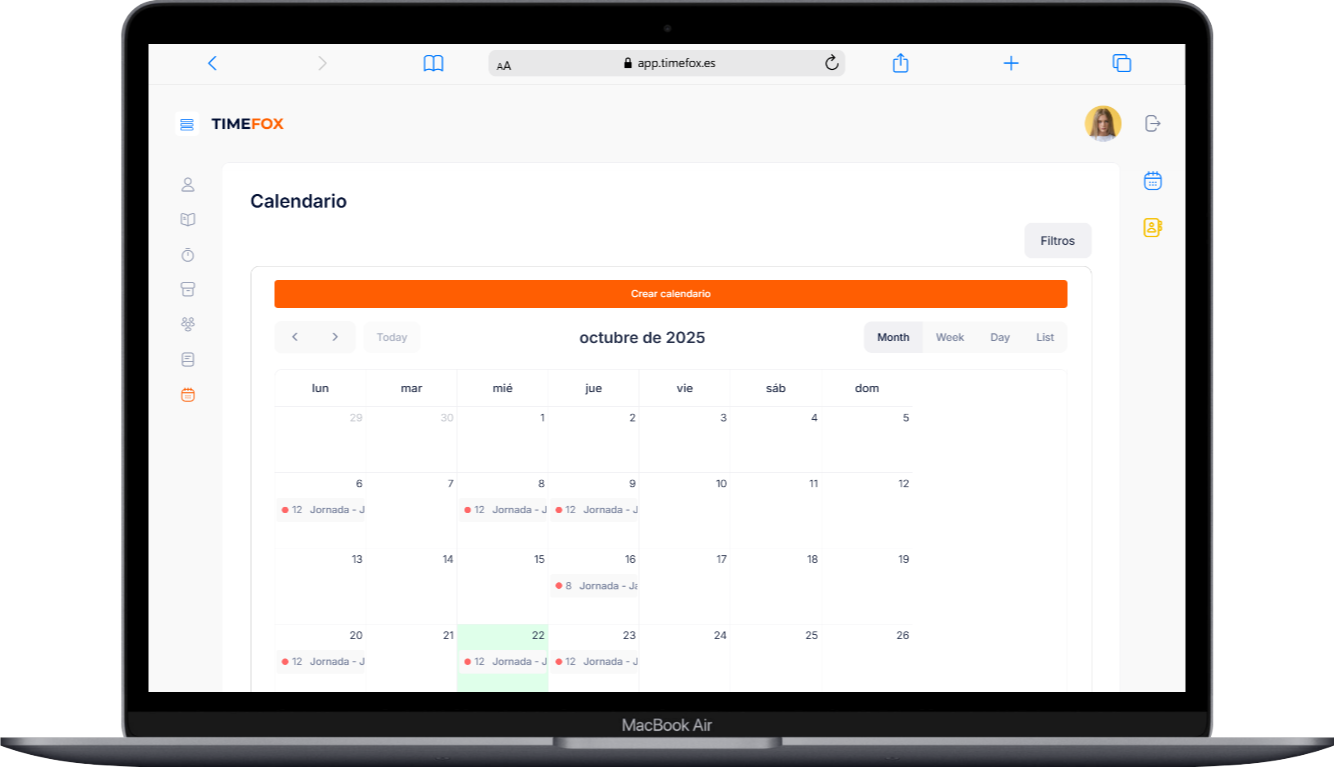 App de control horario Timefox para registrar la jornada laboral y fichajes digitales, ichaje digital de empleados con app de control horario Timefox, Control horario digital para empresas y pymes con Timefox, Calendario de Jornadas | Gestión de Turnos