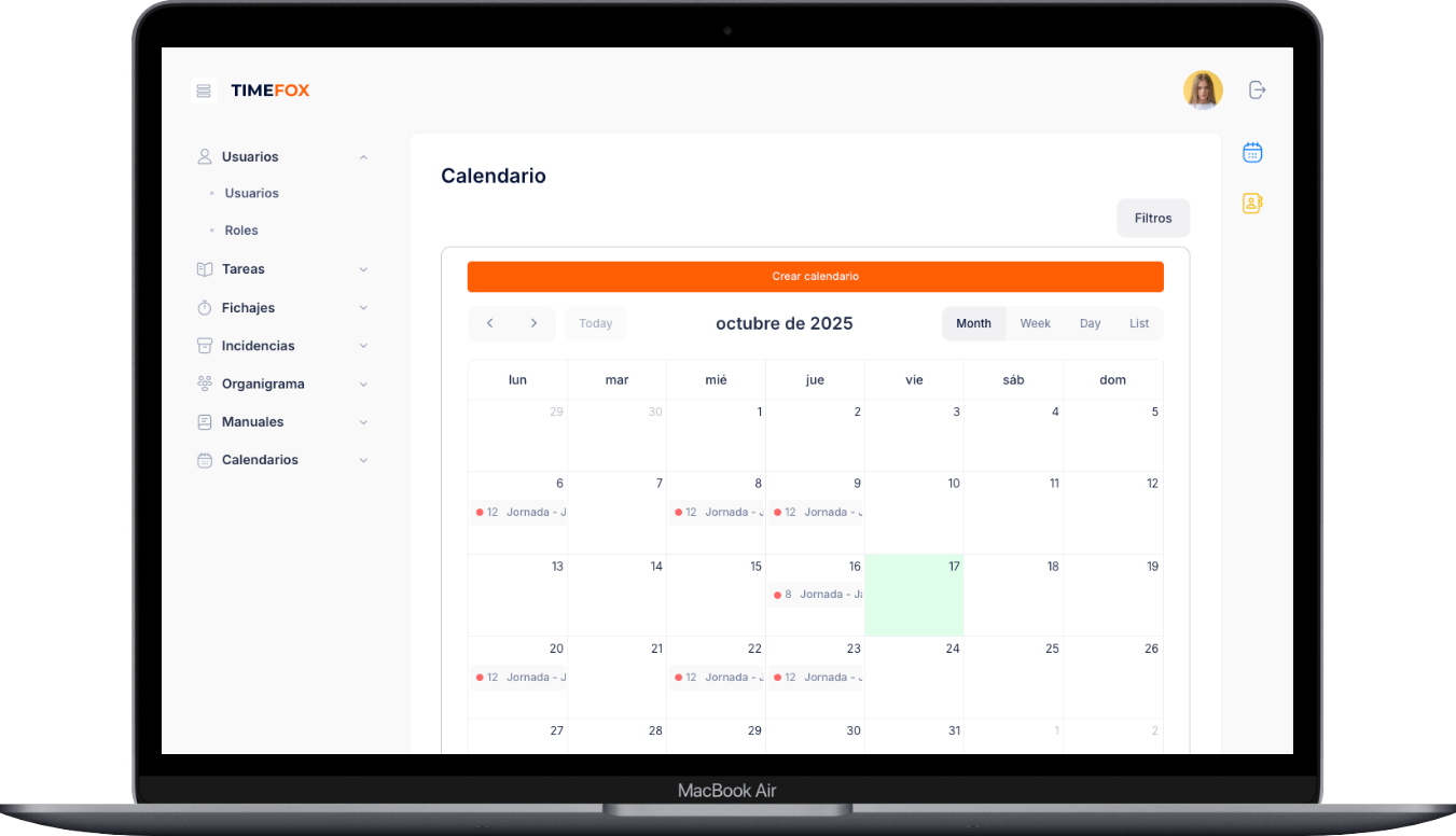 sistema control horario, control horario, registro jornada laboral, fichaje digital, fichaje de empleados, calendario de vacaciones, festivos españa